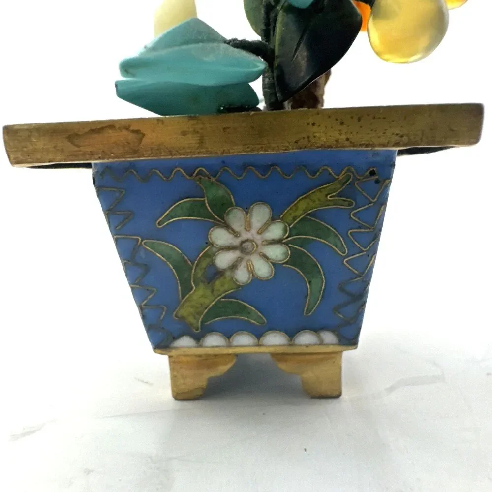Pair of Antique 20th c. Chinese Parrot, Turquoise Agate Flower Bonsai Tree